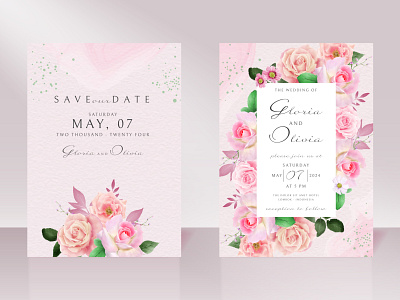 Wedding invitation card with beautiful hand drawn pink rose watercolor