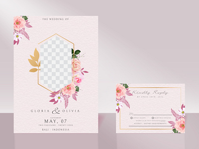 Wedding invitation card with beautiful hand drawn pink rose watercolor