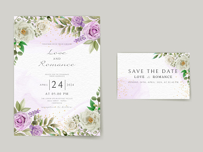 Romantic purple flowers wedding invitation card elegant