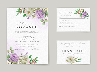 Romantic purple flowers wedding invitation card elegant