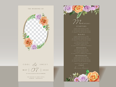 Beautiful floral watercolor wedding invitation card leaf