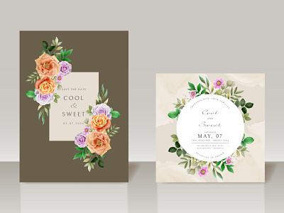 Beautiful floral watercolor wedding invitation card leaf