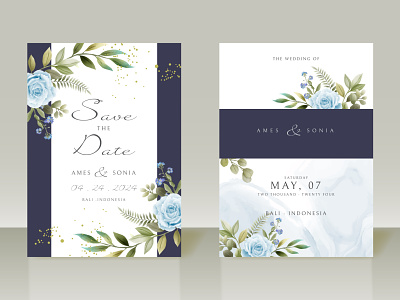 Elegant blue flowers wedding invitations border