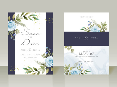 Elegant blue flowers wedding invitations watercolor