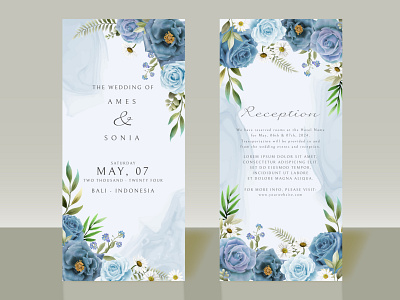 Elegant blue flowers wedding invitations watercolor