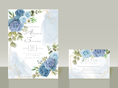 Elegant blue flowers wedding invitations watercolor