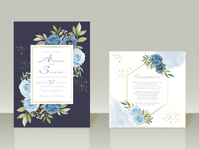 Elegant blue flowers wedding invitations watercolor