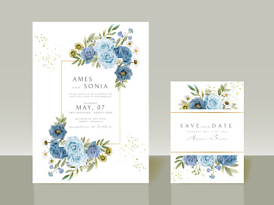 Elegant blue flowers wedding invitations watercolor