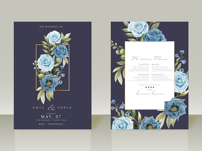 Elegant blue flowers wedding invitations border