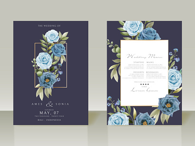 Elegant blue flowers wedding invitations watercolor