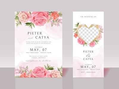 Beautiful pink floral watercolor wedding invitation cards leaf