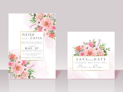 Beautiful pink floral watercolor wedding invitation cards leaf