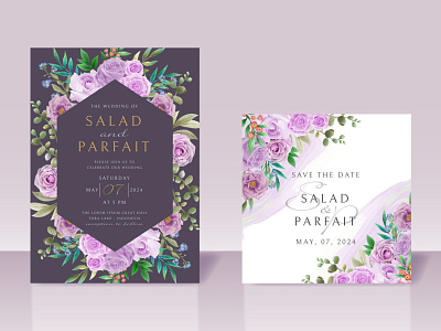 Wedding invitation card template with purple flowers leaf