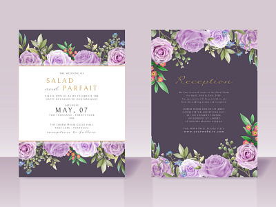 Wedding invitation card template with purple flowers invite