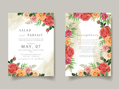 Wedding invitation card template with red roses design romantic