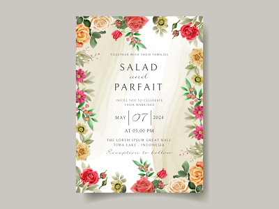 Wedding invitation card template with red roses design romantic