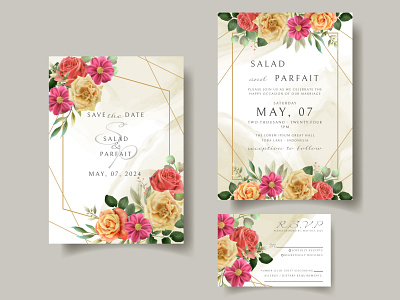 Wedding invitation card template with red roses design romantic