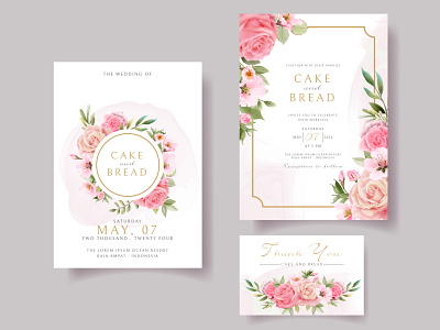 Pink rose and cherry blossom wedding invitation card template wreath