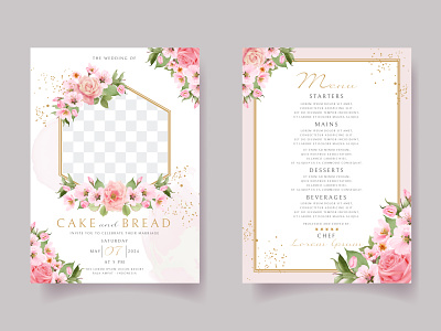 Pink rose and cherry blossom wedding invitation card template wreath