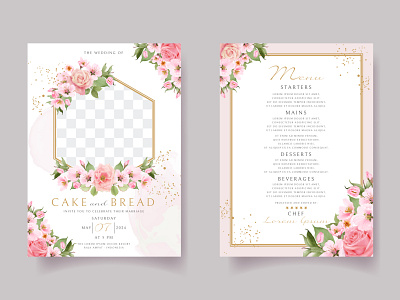 Pink rose and cherry blossom wedding invitation card template