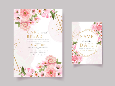 Pink rose and cherry blossom wedding invitation card template