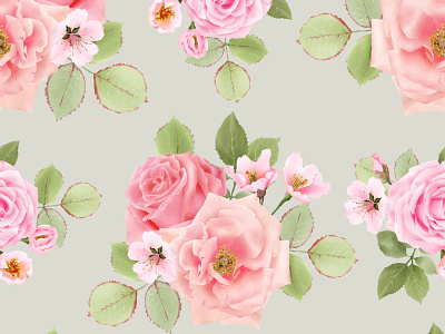 Pink rose and cherry blossom seamless pattern garden
