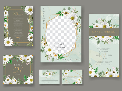 Beautiful white flower wedding invitation card set border