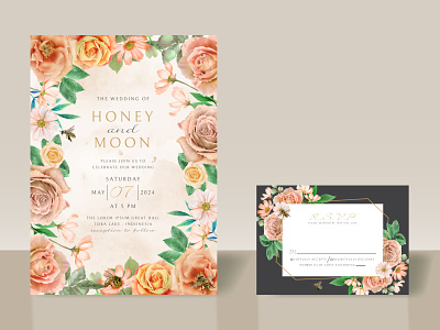 Beautiful floral and bees wedding invitation card element