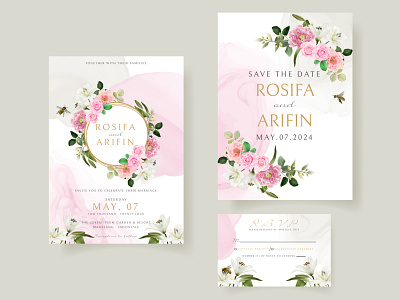 wedding invitation card template with beautiful floral hand draw