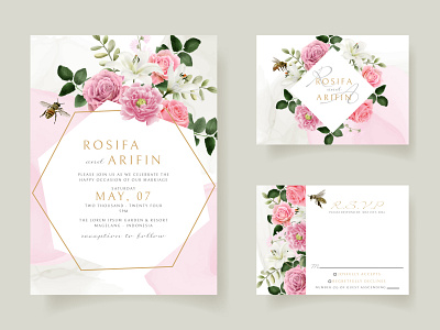 wedding invitation card template with beautiful floral hand draw