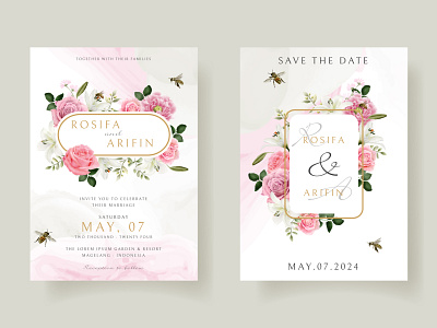 wedding invitation card template with beautiful floral hand draw nature