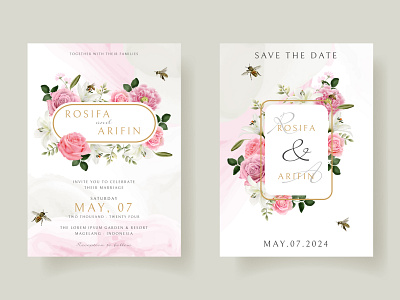 wedding invitation card template with beautiful floral hand draw