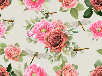 Floral and dragonfly painting watercolor seamless pattern