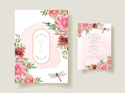 Floral and dragonfly painting watercolor wedding invitation card