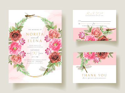 Floral and dragonfly painting watercolor wedding invitation card blossom