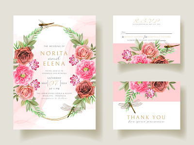 Floral and dragonfly painting watercolor wedding invitation card