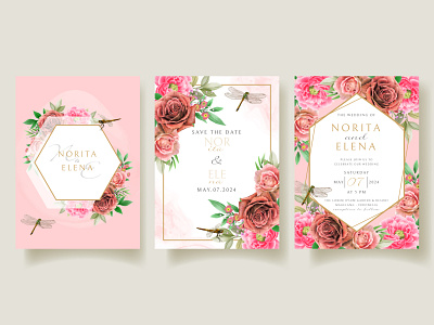 Floral and dragonfly painting watercolor wedding invitation card