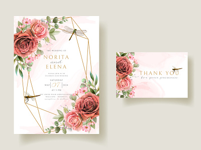 Floral and dragonfly painting watercolor wedding invitation card blossom