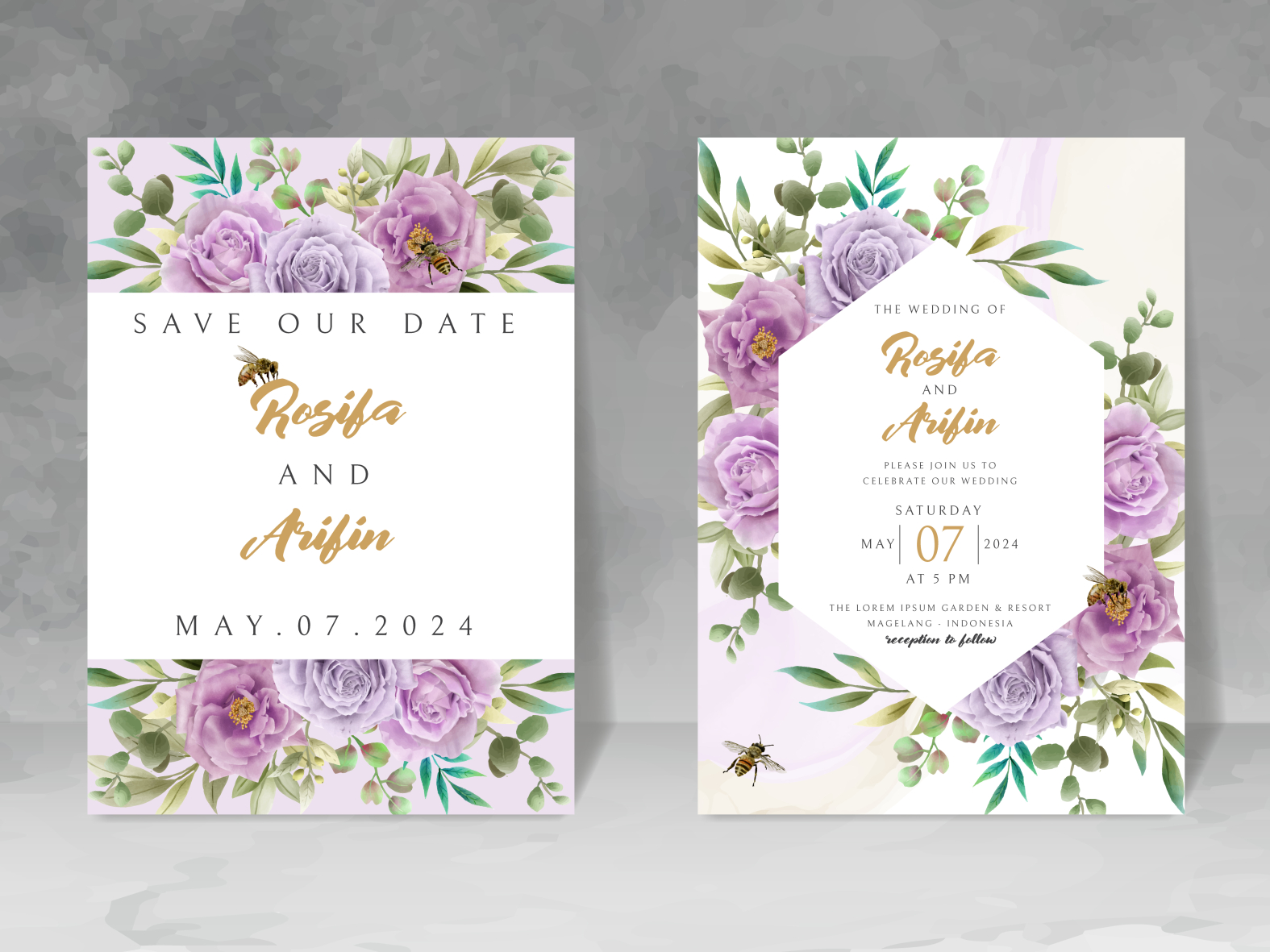 Elegant Wedding Invitation With Floral And Bees Watercolor By Theresia Linda Odilia On Dribbble 