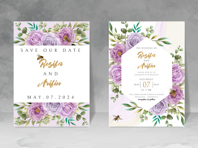 elegant wedding invitation with floral and bees watercolor spring