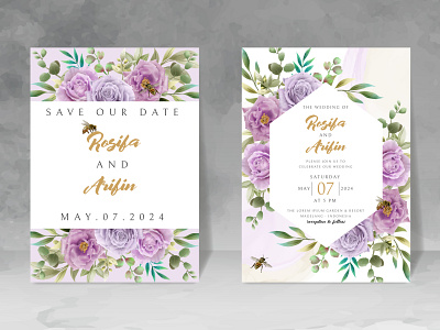 elegant wedding invitation with floral and bees watercolor