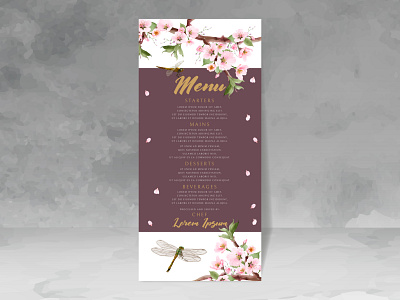 wedding invitation card with cherry blossom and dragonfly spring