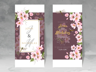wedding invitation card with cherry blossom and dragonfly postcard