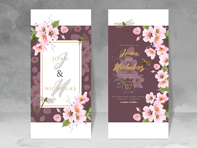 wedding invitation card with cherry blossom and dragonfly