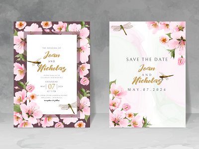 wedding invitation card with cherry blossom and dragonfly postcard