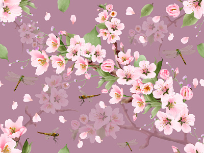 seamless pattern watercolor cherry blossom and dragonfly textile