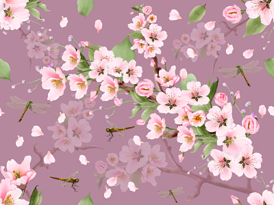 seamless pattern watercolor cherry blossom and dragonfly