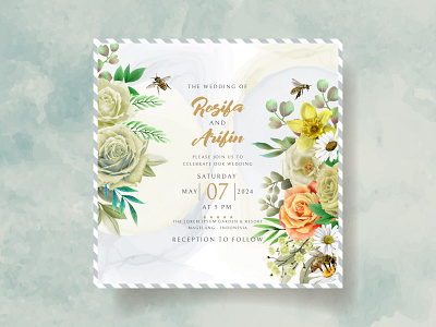 elegant wedding invitation yellow flowers and bees drawing