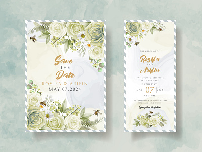 elegant wedding invitation yellow flowers and bees drawing