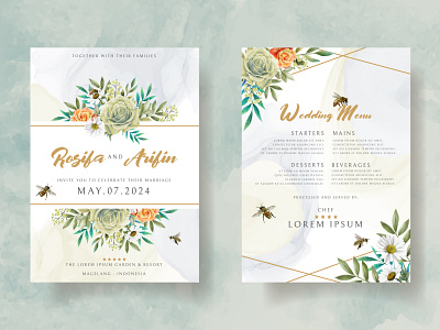 elegant wedding invitation yellow flowers and bees drawing